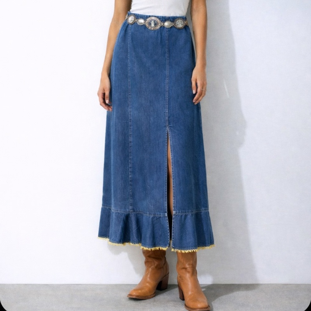 Double D Ranch Weathered Denim Maxi Skirt High Front Split w/Yellow Crochet Hem